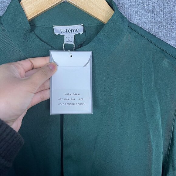NEW $460 TOTÊME Murau Belted Dress‎ Emerald Green Sz Large Ling Sleeve Classic - Picture 9 of 10